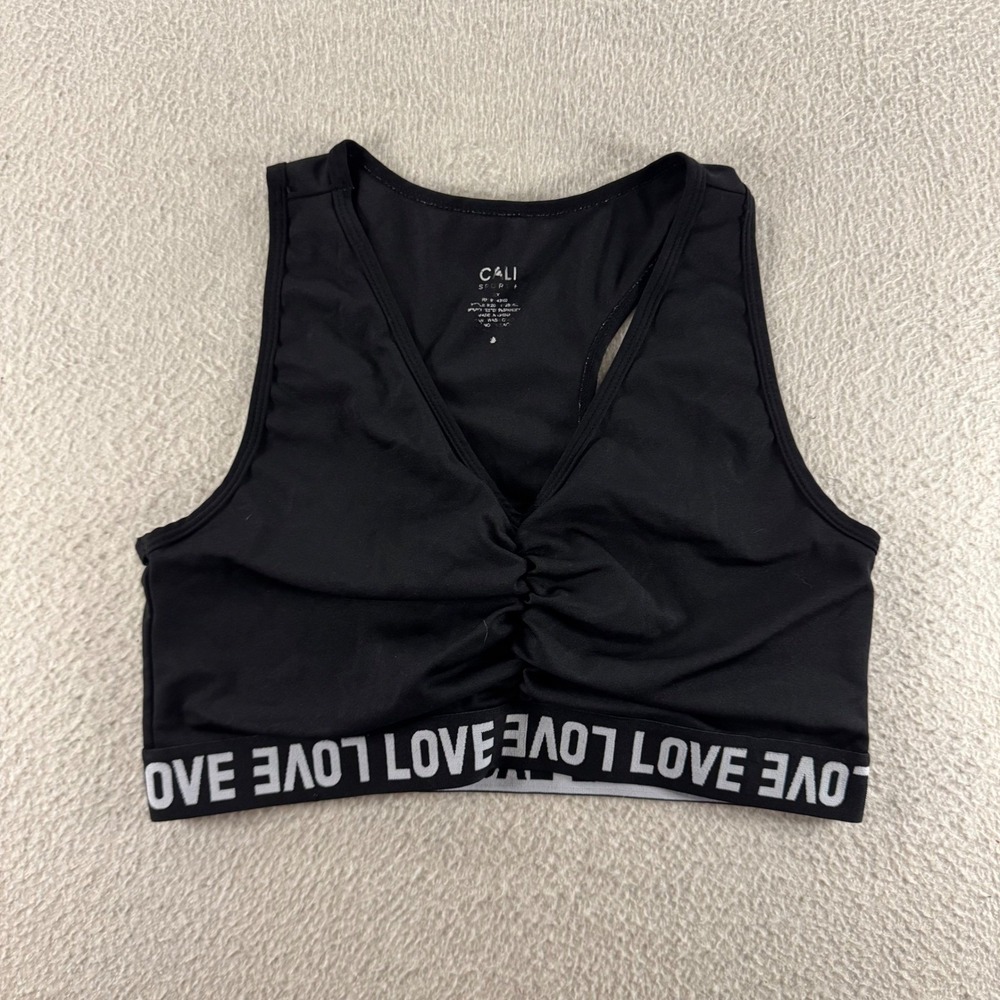 Cali Sport Sports Bra Womens XL Black Good Ruched V-Neck Racerback LOVE Band